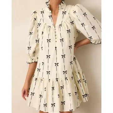 EZAPINE Women Puff Sleeve Mini Dress Mock V Neck Babydoll Short Dress with Bow Print Beige