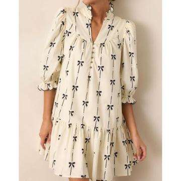 EZAPINE Women Puff Sleeve Mini Dress Mock V Neck Babydoll Short Dress with Bow Print Beige