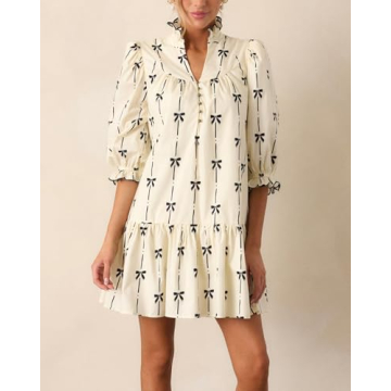 EZAPINE Women Puff Sleeve Mini Dress Mock V Neck Babydoll Short Dress with Bow Print Beige