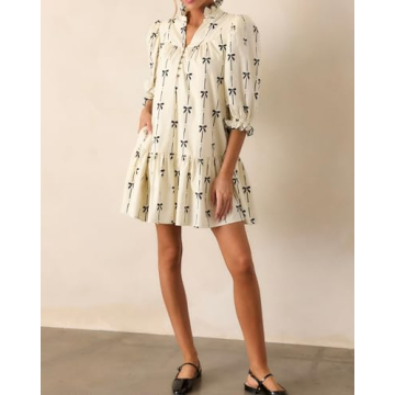 EZAPINE Women Puff Sleeve Mini Dress Mock V Neck Babydoll Short Dress with Bow Print Beige