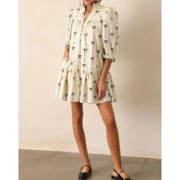 EZAPINE Women Puff Sleeve Mini Dress Mock V Neck Babydoll Short Dress with Bow Print Beige