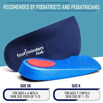 Footminders Kids Orthotic Inserts - Pediatric Arch Support Insoles for Children Ages 7-9 (Pair) - K (Size 1-3½) - Prevent Foot Pain Due to Flat Feet or Low Arches in Children