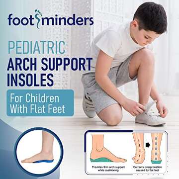 Footminders Kids Orthotic Inserts - Pediatric Arch Support Insoles for Children Ages 7-9 (Pair) - K (Size 1-3½) - Prevent Foot Pain Due to Flat Feet or Low Arches in Children