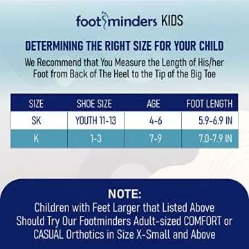 Footminders Kids Orthotic Inserts - Pediatric Arch Support Insoles for Children Ages 7-9 (Pair) - K (Size 1-3½) - Prevent Foot Pain Due to Flat Feet or Low Arches in Children
