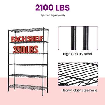 FDW 48"L×18"W×82"H Wire Shelving Unit Storage Cart Metal Shelf Rolling Utility Cart 2100Lbs Capacity with 6 Tier Casters Adjustable Layer Rack Strong Steel for Restaurant Garage Pantry Kitchen,Black