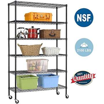 FDW 48"L×18"W×82"H Wire Shelving Unit Storage Cart Metal Shelf Rolling Utility Cart 2100Lbs Capacity with 6 Tier Casters Adjustable Layer Rack Strong Steel for Restaurant Garage Pantry Kitchen,Black