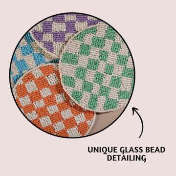 Folkulture Coasters for Drinks, Pack of 4 Farmhouse Coasters, 4" Round Cute Boho Coasters for Coffee Table Décor, Modern Bar Coasters or Beaded Rustic Coasters for Table