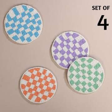 Folkulture Coasters for Drinks, Pack of 4 Farmhouse Coasters, 4" Round Cute Boho Coasters for Coffee Table Décor, Modern Bar Coasters or Beaded Rustic Coasters for Table