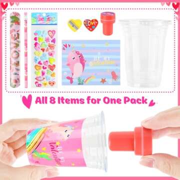 YTKIH 24 Packet, Bulk Valentines Day Gifts for Kids Classroom Exchange, Include Cards, Slap Bracelet, Pencil, Eraser, Cup, Seal, Valentine Party Favors Class School Exchange