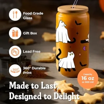 Cute Halloween Ghost Cat Glass Cup for Kids & Adults