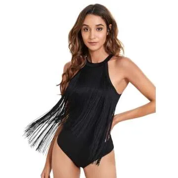 Verdusa Women's Fringe Trim Sleeveless Bodycon Halter Bodysuit Top