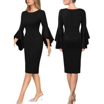VFSHOW Womens Little Black Bell Sleeves Cocktail Party Casual Bodycon Pencil Sheath Dress 6731 BLK M