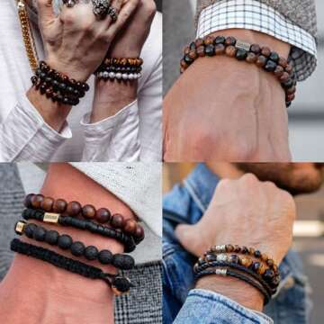 RANKEEF Tiger Eye Bracelet For Men 8MM Natural Stone Beads Bracelet Set Stretch Lava Rock Bracelets ...