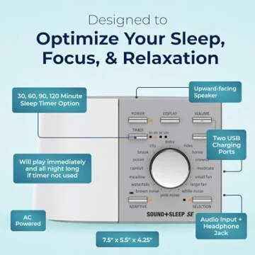 Adaptive Sound Technologies Sound + Sleep SE Noise Machine - White Noise Machine - Non-Looping Environmental/Nature Sounds for Sleep & Relaxation - with Timer & Headphone Jack - White/Silver