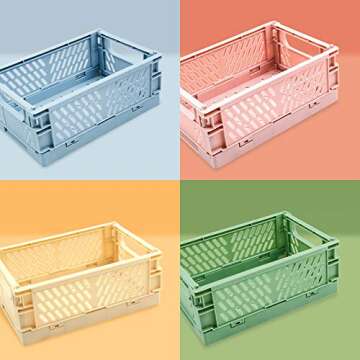 4-Pack Mini Baskets Plastic for Shelf Home Kitchen Storage Bin Organizer, Stacking Folding Storage Baskets for Classroom Bedroom Bathroom Office (5.9 x 3.8 x 2.2)