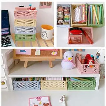 4-Pack Mini Baskets Plastic for Shelf Home Kitchen Storage Bin Organizer, Stacking Folding Storage Baskets for Classroom Bedroom Bathroom Office (5.9 x 3.8 x 2.2)