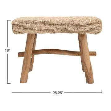 Creative Co-Op 25.25" W Woven Mendong Covered Stool with Teak Wood Legs