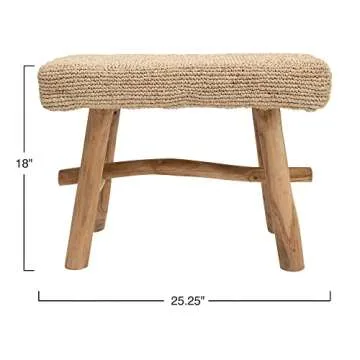 Creative Co-Op 25.25" W Woven Mendong Covered Stool with Teak Wood Legs