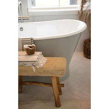 Creative Co-Op 25.25" W Woven Mendong Covered Stool with Teak Wood Legs