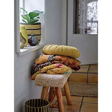 Creative Co-Op 25.25" W Woven Mendong Covered Stool with Teak Wood Legs