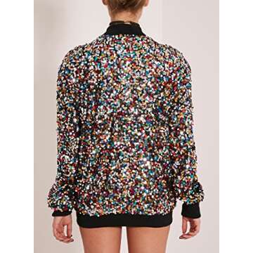 Cresay Women's Sequin Fitted Long Sleeve Zipper Blazer Bomber Jacket-Rainbow M