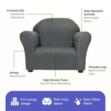 Keet, Roundy Child Size Chair, Microsuede, Comfortable and Durable Kids Chair, Toddler Couch Easy to Coordinate, Toddler Sofa Couch for Girls and Boys, Kids Couch Chair, Ages 2-5 Years, Charcoal