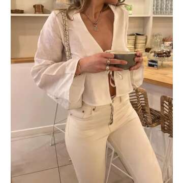 Stylish Tie Front Top Coquette Bow Linen Shirt for Summer