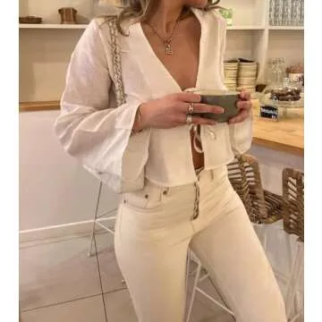 Stylish Tie Front Top Coquette Bow Linen Shirt for Summer