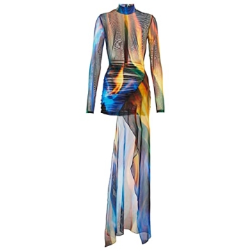 Women's Colorful See-Through Dress With Long Sleeves And Long Back Mesh Transparent Long Dress Slim ...