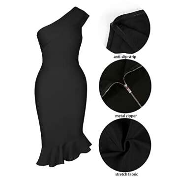 UONBOX Women's One Shoulder Sleeveless Bodycon Dress Midi Mermaid Party Bandage Dress Black S