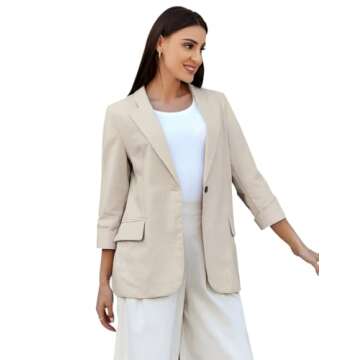 Linen Blazer Women Linen Jackets 3/4 Sleeve Spring Summer Blazers Lightweight Blazer Business Casual Blazers Jackets (Beige Blazer, M)