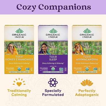 ORGANIC INDIA Tulsi Sleep Herbal Tea - Holy Basil, Ashwagandha, Chamomile, Night Time Tea for Bedtime, Stress Relieving & Relaxing, Immune Support, USDA Certified Organic - 18 Infusion Bags, 3 Pack