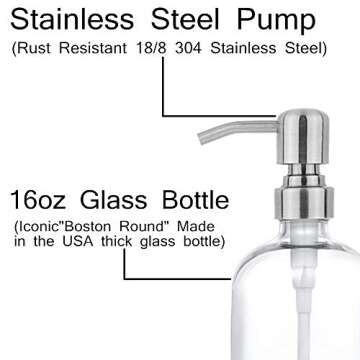 2 Pack Thick Clear Glass Pint Jar Soap Dispenser with Silver Stainless Steel Pump, 16ounce Clear Boston Round Bottles Dispenser with Rustproof Pump for Essential Oil, Lotion Soap