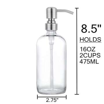 2 Pack Thick Clear Glass Pint Jar Soap Dispenser with Silver Stainless Steel Pump, 16ounce Clear Boston Round Bottles Dispenser with Rustproof Pump for Essential Oil, Lotion Soap