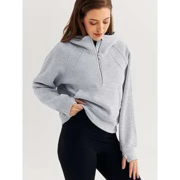 WYNNQUE Womens Hoodies Oversized Sweatshirts Half Quarter Zip Pullover Cropped Long Sleeve Fall Outfits Fashion Clothes Grey XL