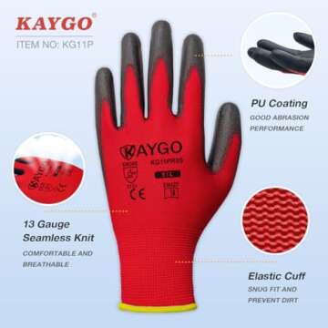 KAYGO Safety Work Gloves PU Coated for Men and Women - 12 Pairs