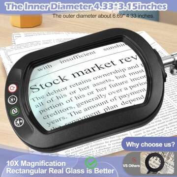 10X Square Magnifying Glass with Light and Stand, Real Glass LED Lighted Magnifier, 5 Color Modes St...