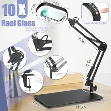 10X Square Magnifying Glass with Light and Stand, Real Glass LED Lighted Magnifier, 5 Color Modes Stepless Dimmable, Hands-Free Mag Desk Lamp with Clamp for Reading Craft Hobby Close Work
