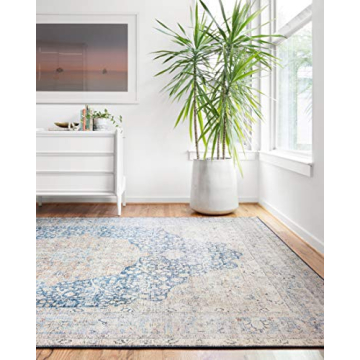 Loloi Layla Collection, LAY-07 Blue/Tangerine 5'-0" x 7'-6" .13" Thick, Area Rug, Soft, Durable, Vin...