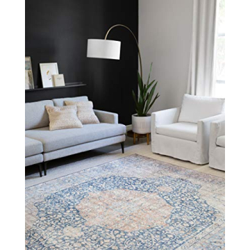 Loloi Layla Collection, LAY-07 Blue/Tangerine 5'-0" x 7'-6" .13" Thick, Area Rug, Soft, Durable, Vintage Inspired, Distressed, Low Pile, Non-Shedding, Easy Clean, Printed, Living Room Rug