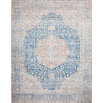 Loloi Layla Collection, LAY-07 Blue/Tangerine 5'-0" x 7'-6" .13" Thick, Area Rug, Soft, Durable, Vintage Inspired, Distressed, Low Pile, Non-Shedding, Easy Clean, Printed, Living Room Rug