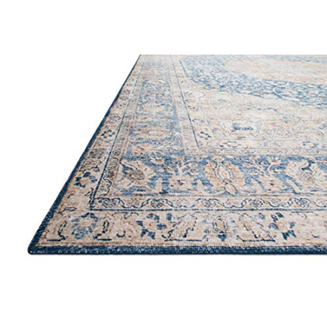 Loloi Layla Collection, LAY-07 Blue/Tangerine 5'-0" x 7'-6" .13" Thick, Area Rug, Soft, Durable, Vintage Inspired, Distressed, Low Pile, Non-Shedding, Easy Clean, Printed, Living Room Rug