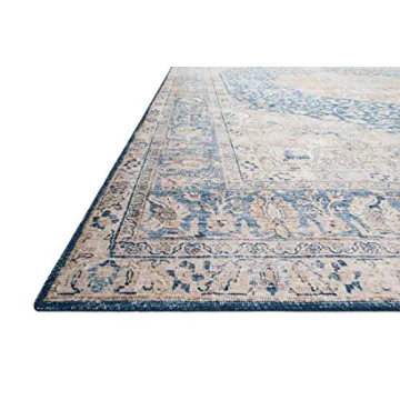 Loloi Layla Collection, LAY-07 Blue/Tangerine 5'-0" x 7'-6" .13" Thick, Area Rug, Soft, Durable, Vintage Inspired, Distressed, Low Pile, Non-Shedding, Easy Clean, Printed, Living Room Rug