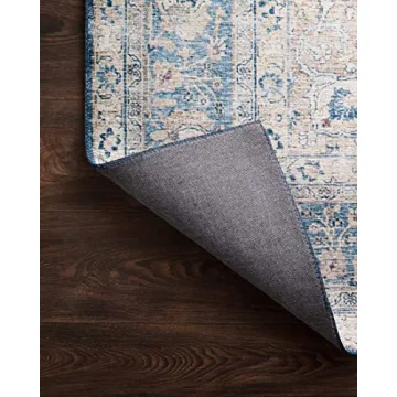 Loloi Layla Collection, LAY-07 Blue/Tangerine 5'-0" x 7'-6" .13" Thick, Area Rug, Soft, Durable, Vintage Inspired, Distressed, Low Pile, Non-Shedding, Easy Clean, Printed, Living Room Rug