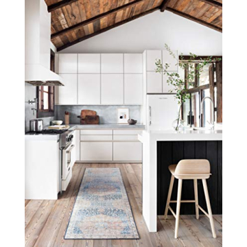 Loloi Layla Collection, LAY-07 Blue/Tangerine 5'-0" x 7'-6" .13" Thick, Area Rug, Soft, Durable, Vintage Inspired, Distressed, Low Pile, Non-Shedding, Easy Clean, Printed, Living Room Rug