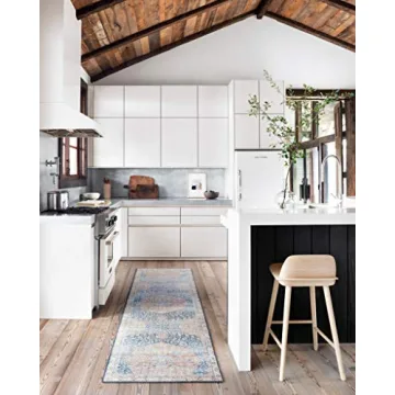 Loloi Layla Collection, LAY-07 Blue/Tangerine 5'-0" x 7'-6" .13" Thick, Area Rug, Soft, Durable, Vintage Inspired, Distressed, Low Pile, Non-Shedding, Easy Clean, Printed, Living Room Rug