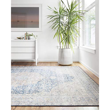 Loloi Layla Collection, LAY-07 Blue/Tangerine 5'-0" x 7'-6" .13" Thick, Area Rug, Soft, Durable, Vintage Inspired, Distressed, Low Pile, Non-Shedding, Easy Clean, Printed, Living Room Rug