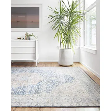 Loloi Layla Collection, LAY-07 Blue/Tangerine 5'-0" x 7'-6" .13" Thick, Area Rug, Soft, Durable, Vintage Inspired, Distressed, Low Pile, Non-Shedding, Easy Clean, Printed, Living Room Rug