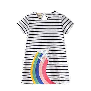 HILEELANG Little Girls Cotton Dress Short Sleeves Casual Summer Striped Printed Shirt,2T/(2-3T)95cm,...