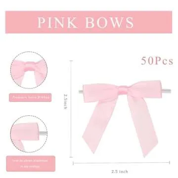 Satin Ribbon Pink Bow Decor 2.5" Premade Pink Twist Tie Bows for Gift Wrapping Pink Bow for Treat Bags Party Favors Wedding Decorations - 50 Counts